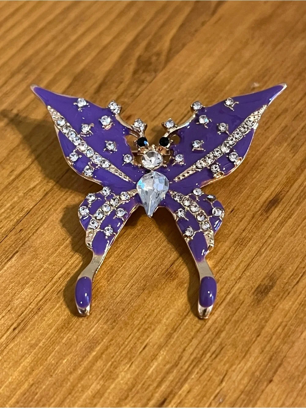 Purple monarch butterfly brooch gold tone purple enamel rhinestones 1 1/2”